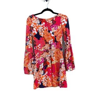 Free People Retro Floral Hot Pink Orange Bell Sleeve Boho Mini Dress XS NWOT